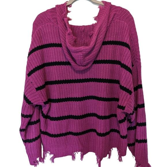 Womens 2X Black Pink Sweater Horizontal Striped Distressed Goth - Picture 2 of 11